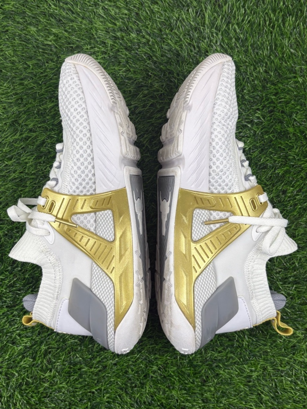 Under Armour Women’s HOVR Project Rock 4 Training Sneakers in White and Gold - Picture 7 of 12